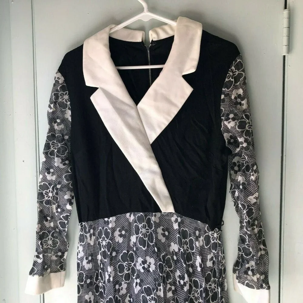 vintage maxi dress Black Floral White collar Mod sheer skirt romantic modest